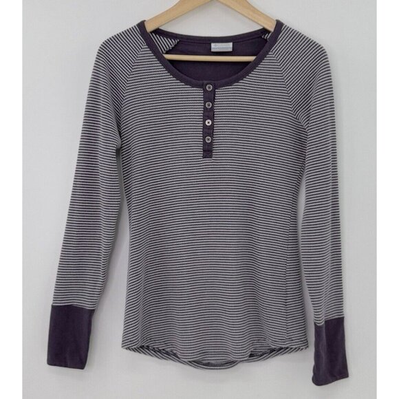 Columbia Women’s Long Sleeve Striped Henley‎ Purple White Waffle Knit Shirt Sz M - Picture 1 of 9
